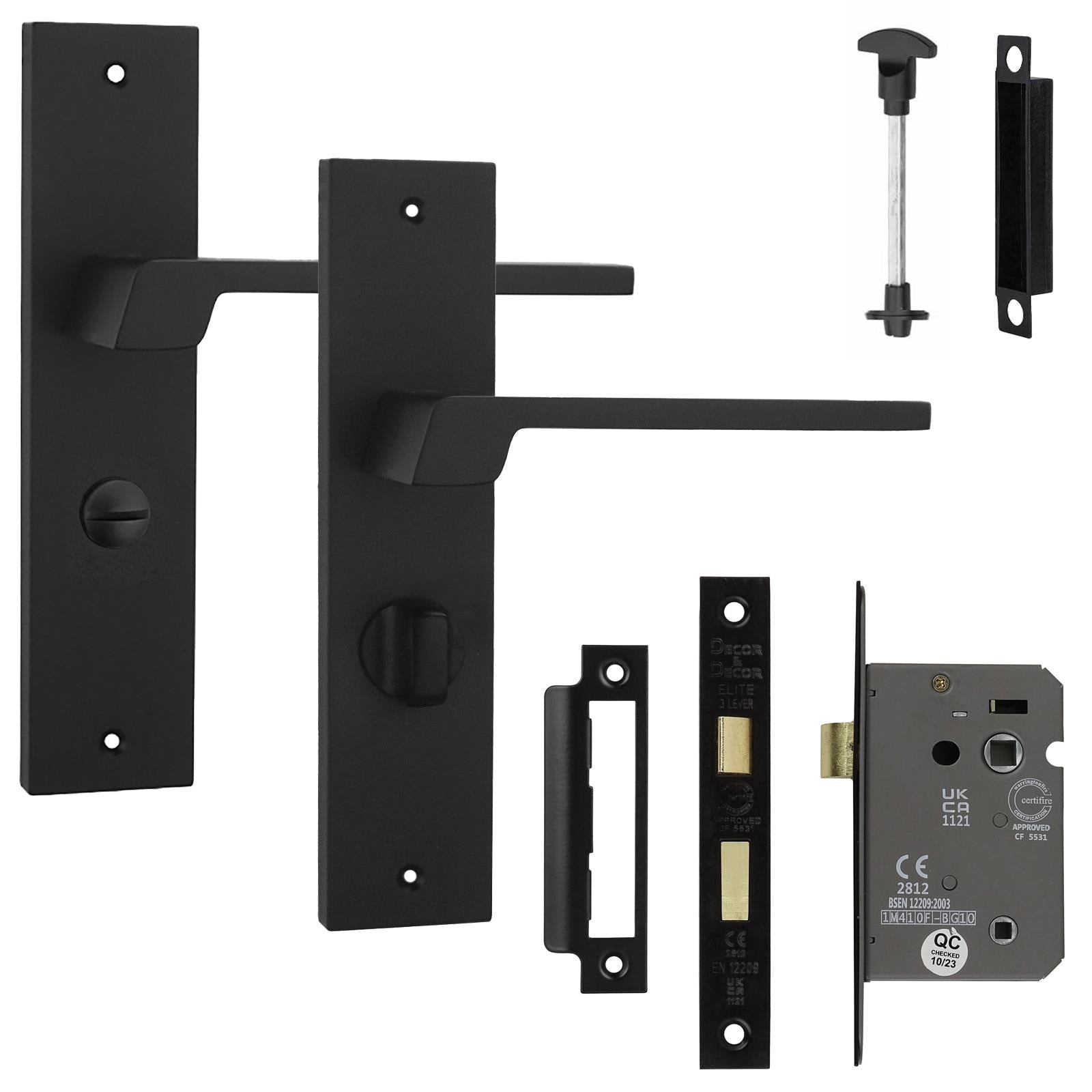 Spectra Matt Black Bathroom Door Handles on Backplate - Bathroom Kit
