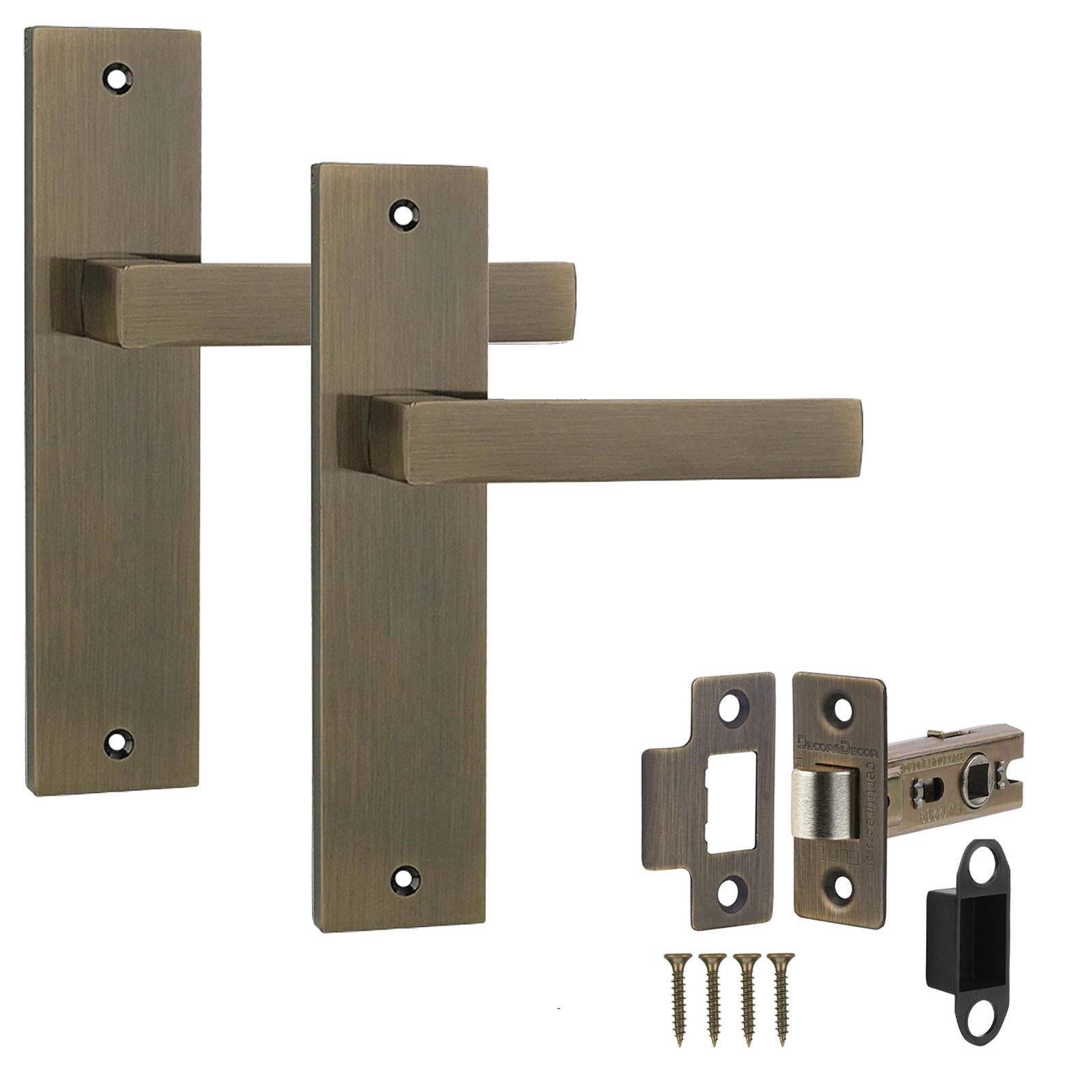 Lumina Antique Brass Passage Door Handles on Backplate - Latch Kit Set