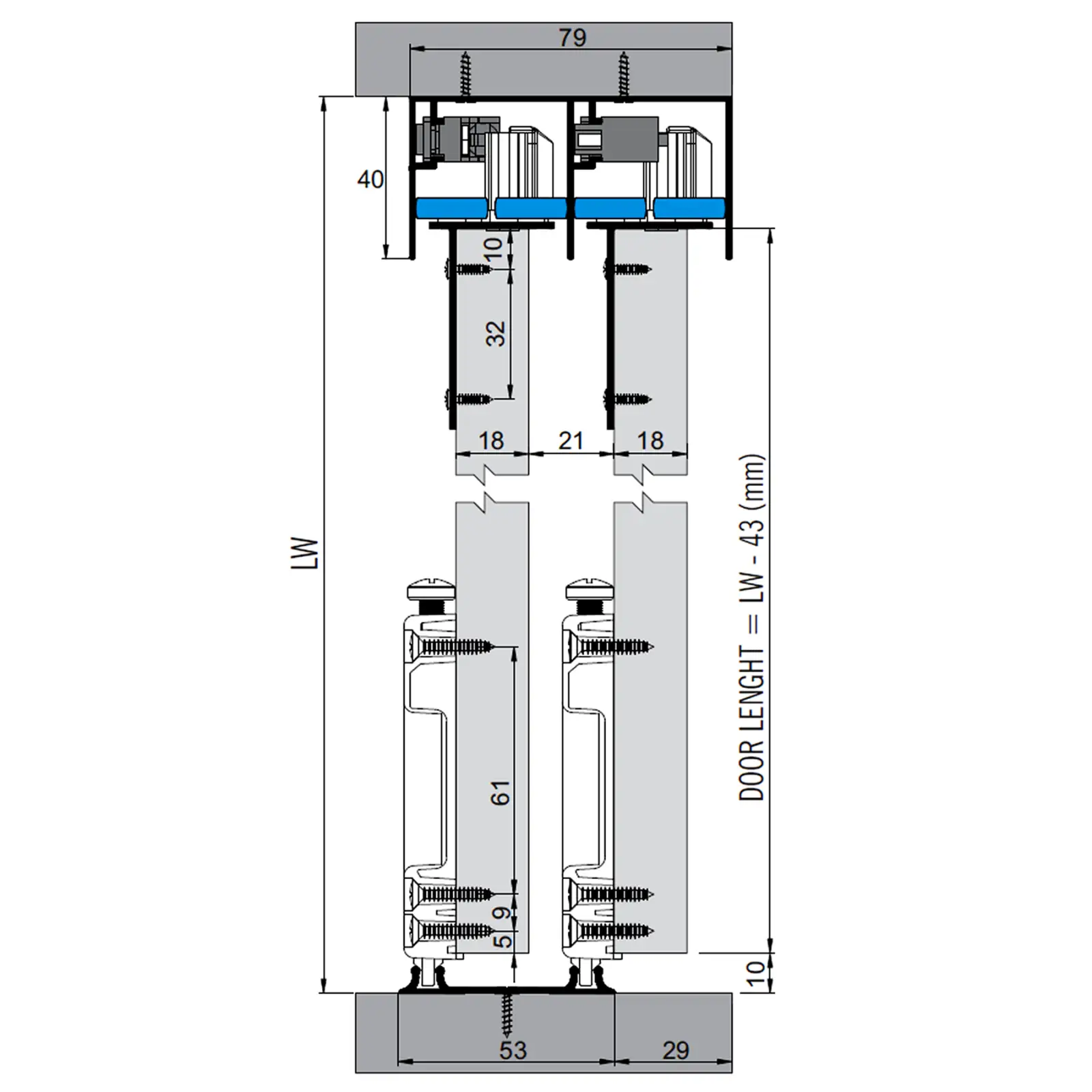 PS-Slide Sliding Door Wardrobe System - 2 Door - 1200mm Track - Both Way Soft Close - Decor And Decor