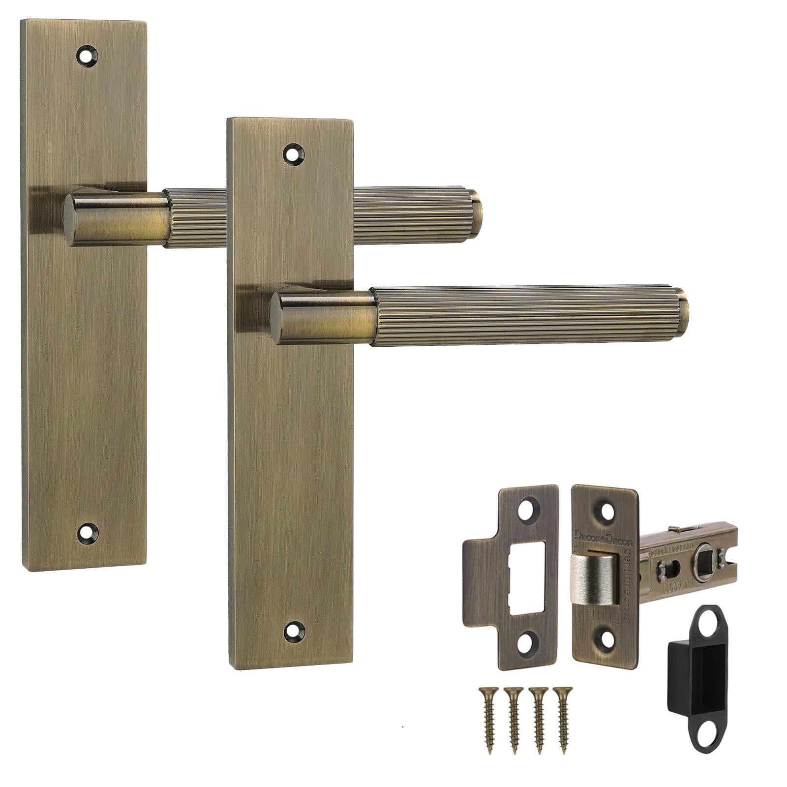 Hera Antique Brass Passage Door Handles on Backplate - Latch Kit Set