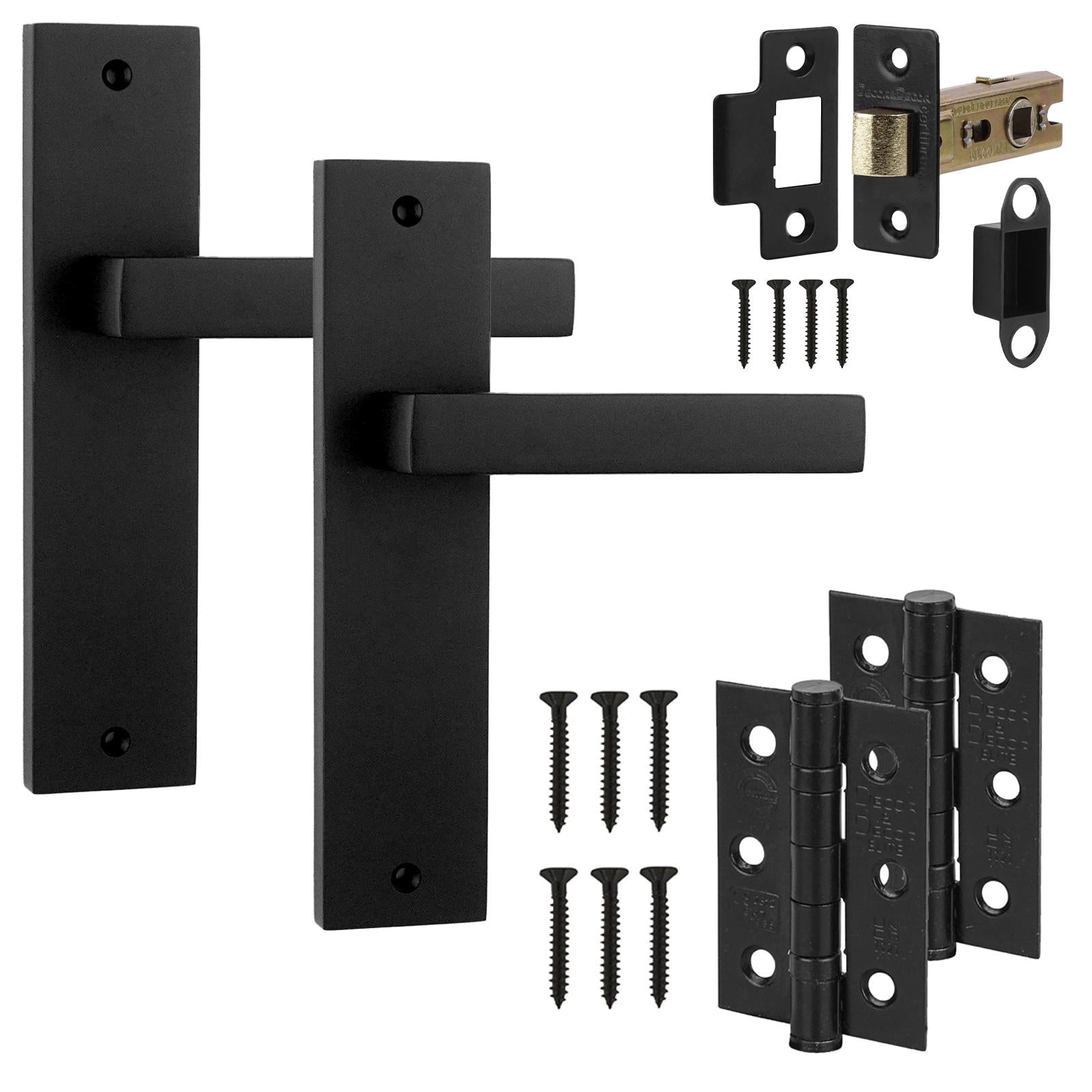 Lumina Matt Black Passage Door Handles on Backplate - Latch and Hinge Set