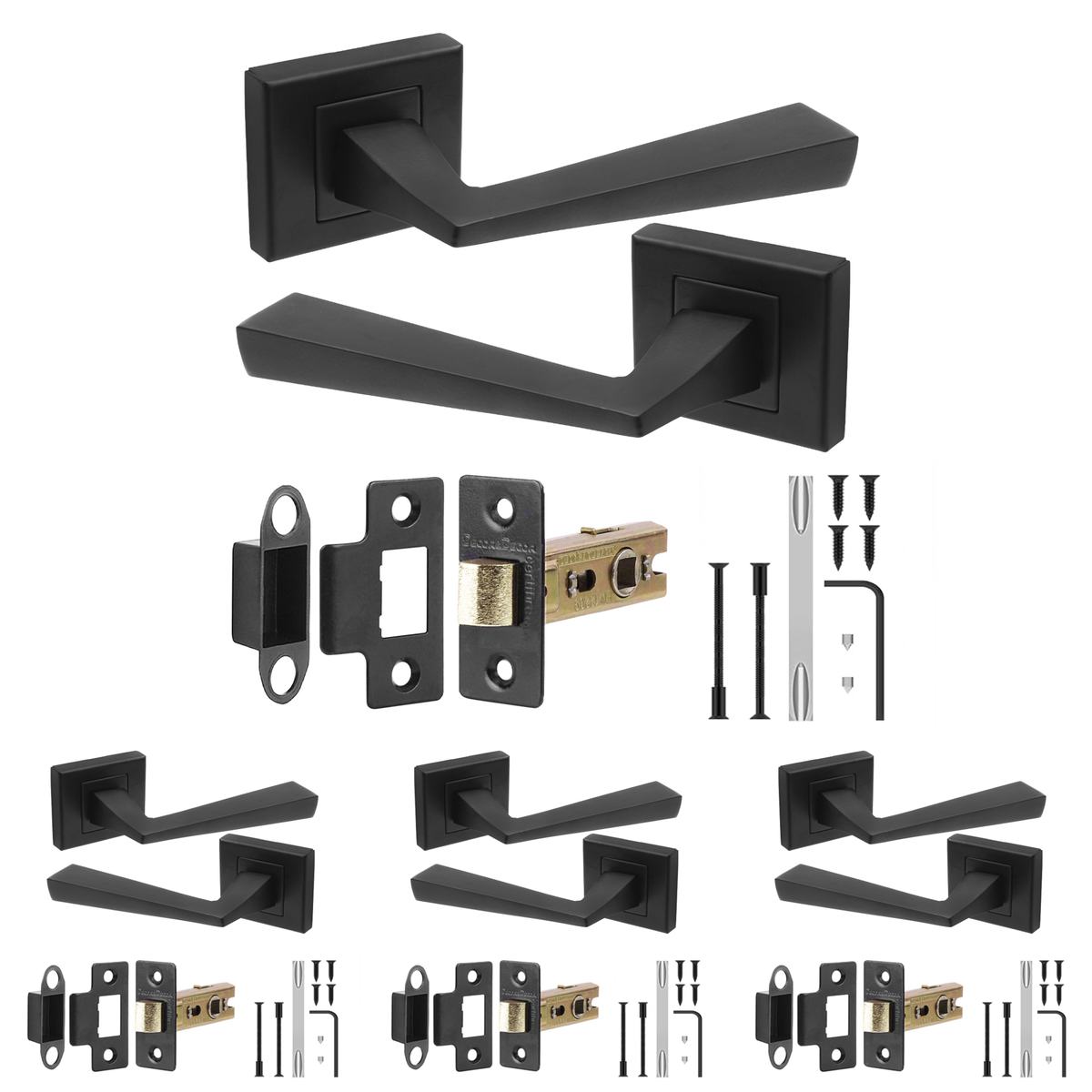 Helix Matt Black Passage Door Lever Handles - Latch Kit 64mm - Pack of 4