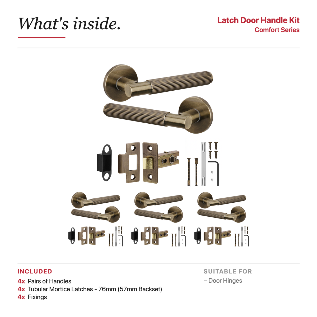 Hera Antique Brass Passage Door Lever Handles – showing what's included in the box
