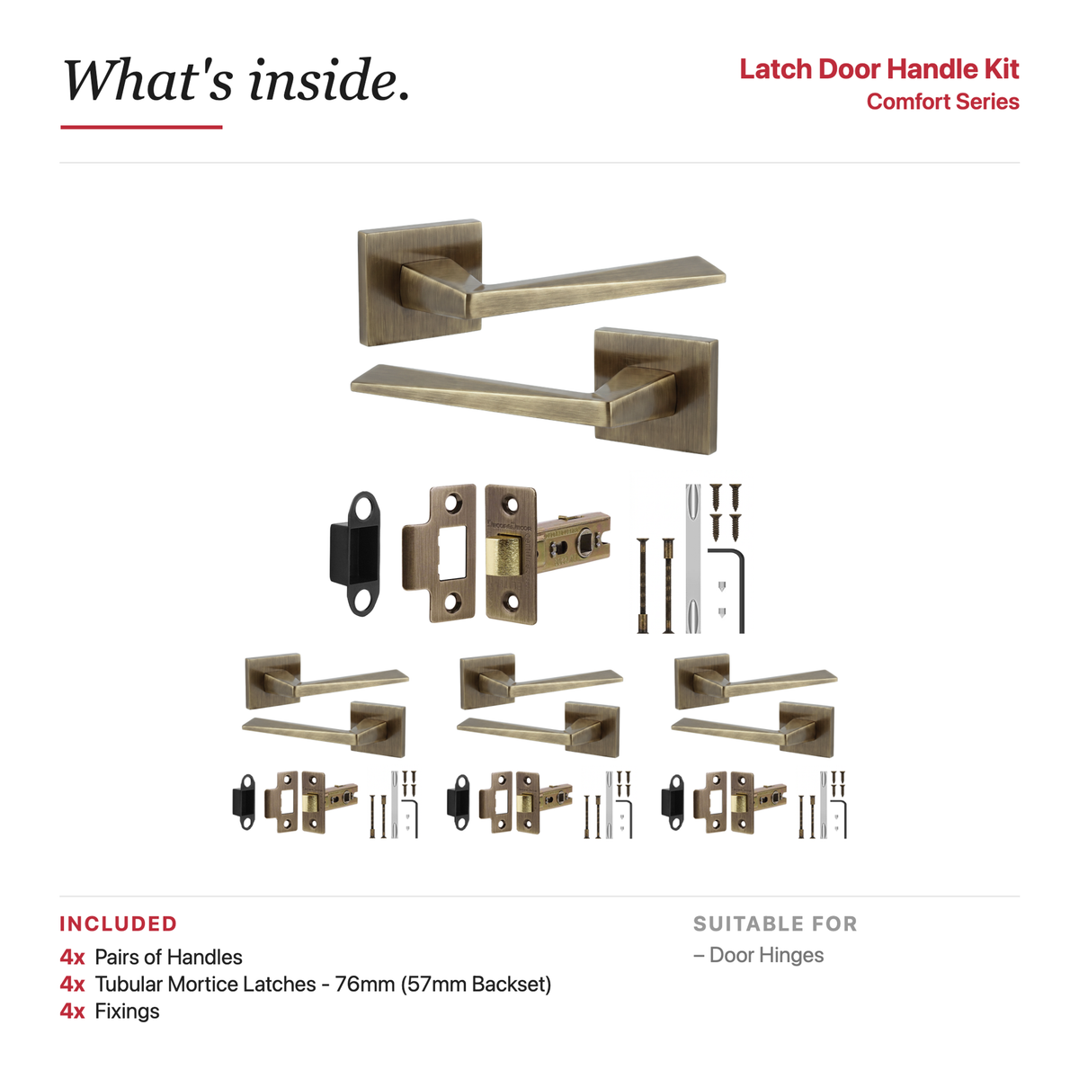 Leda Antique Brass Passage Door Lever Handles – showing what's included in the box