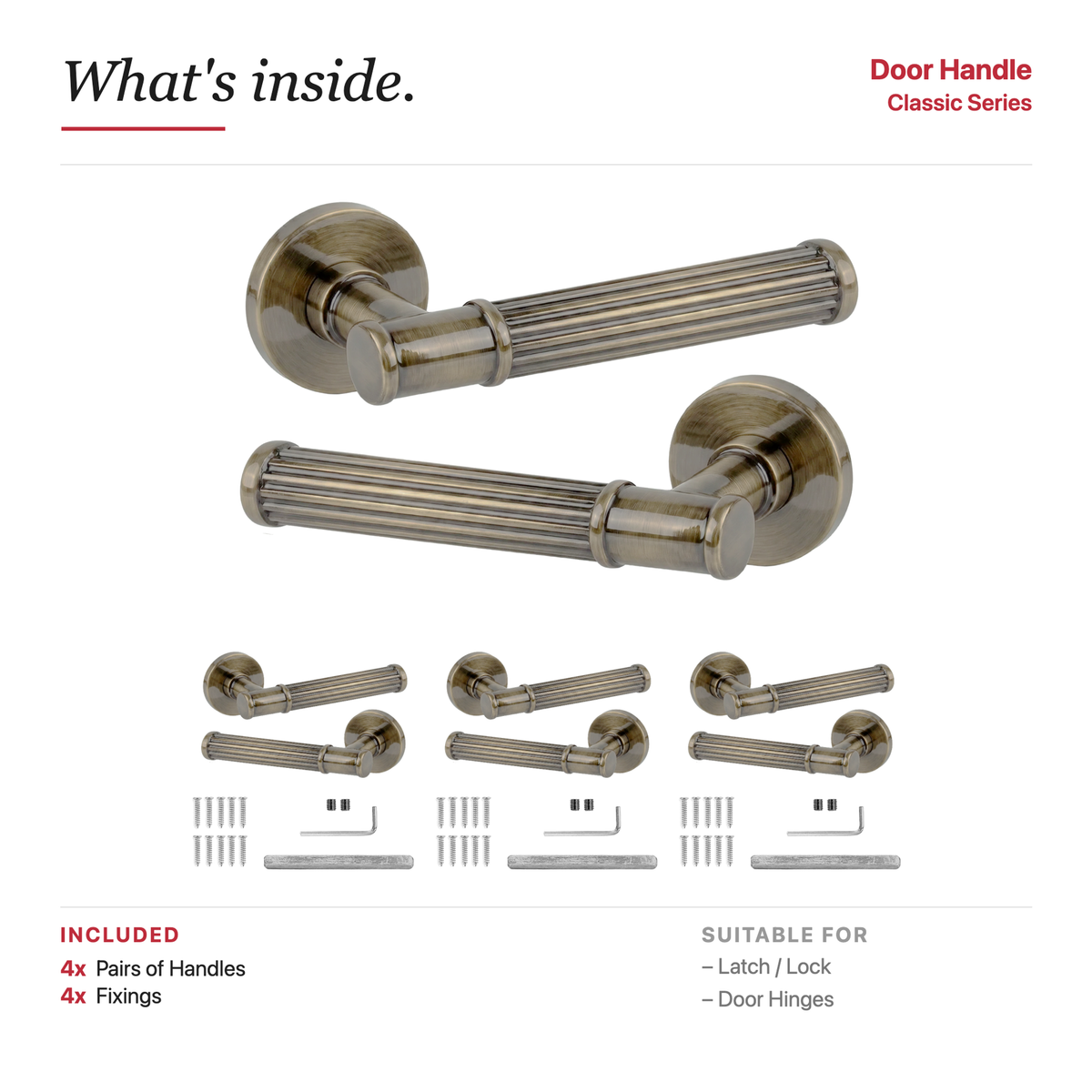 Leto Antique Brass Door Lever Handles – showing what's included in the box