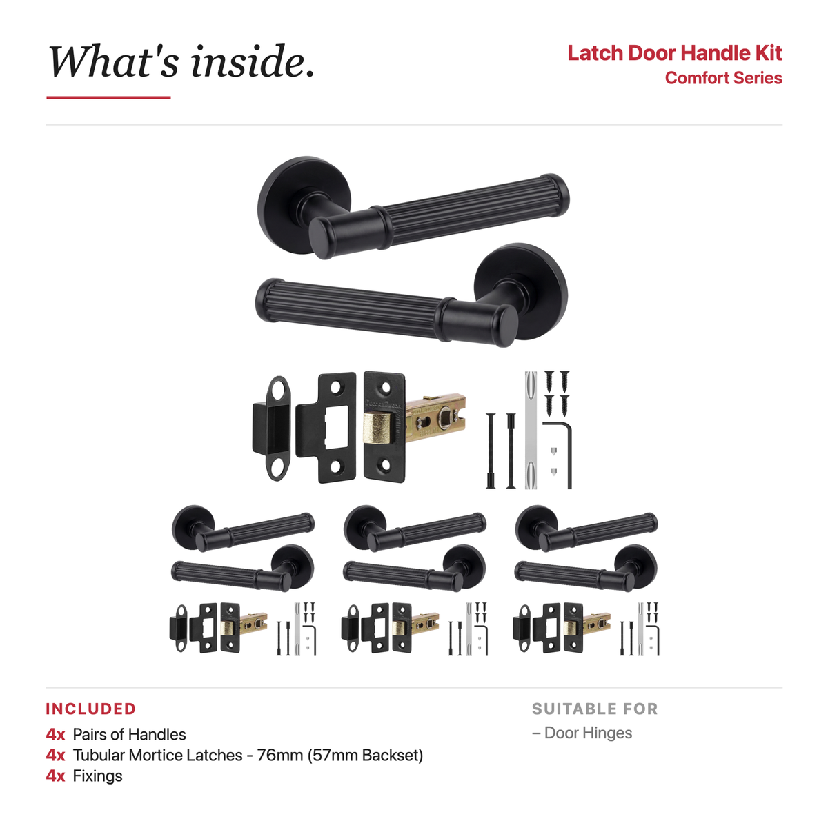 Leto Matt Black Passage Door Lever Handles – showing what's included in the box