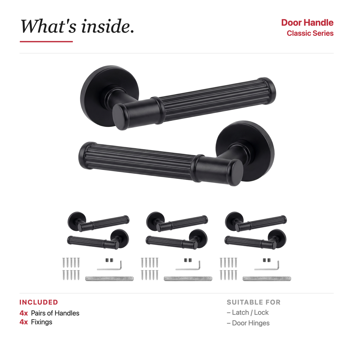 Leto Matt Black Door Lever Handles – showing what's included in the box