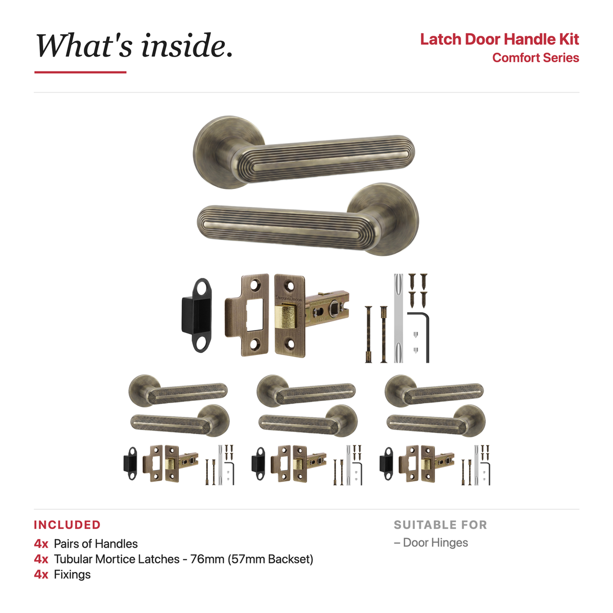 Marin Antique Brass Passage Door Lever Handles – showing what's included in the box