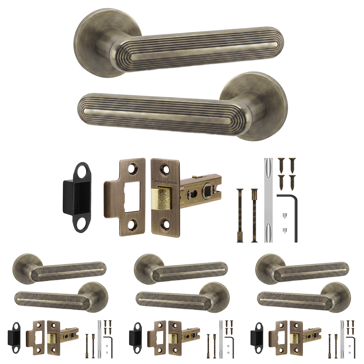 Marin Antique Brass Passage Door Lever Handles - Latch Kit 64mm - Pack of 4