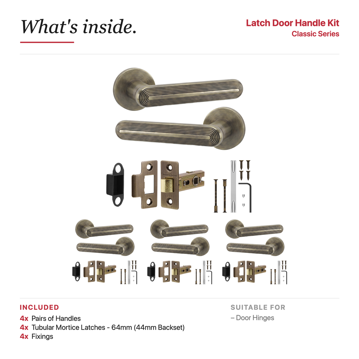 Marin Antique Brass Passage Door Lever Handles – showing what's included in the box