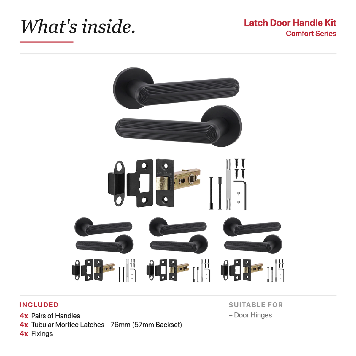 Marin Matt Black Passage Door Lever Handles – showing what's included in the box