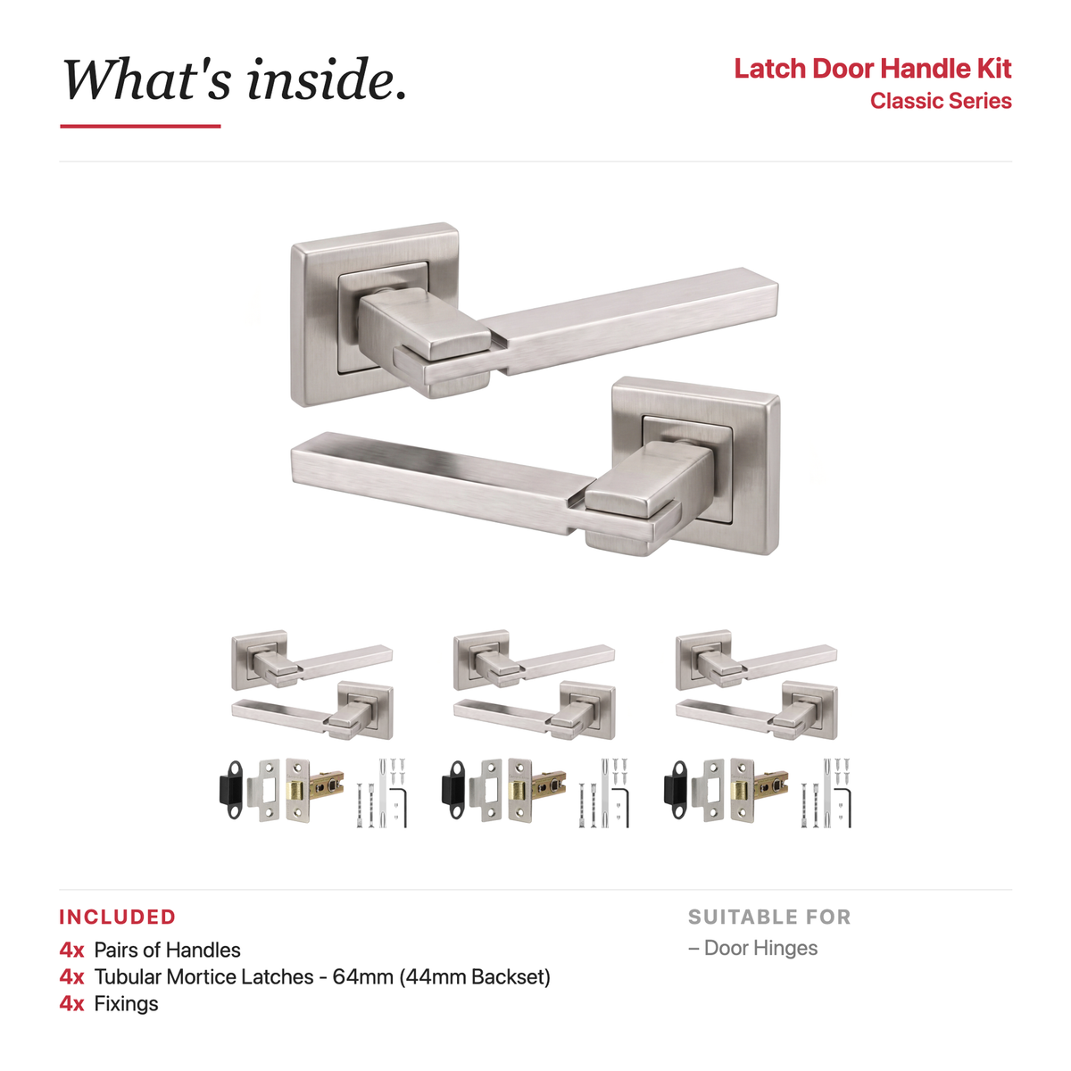 Nexus Satin Nickel Passage Door Lever Handles – showing what's included in the box