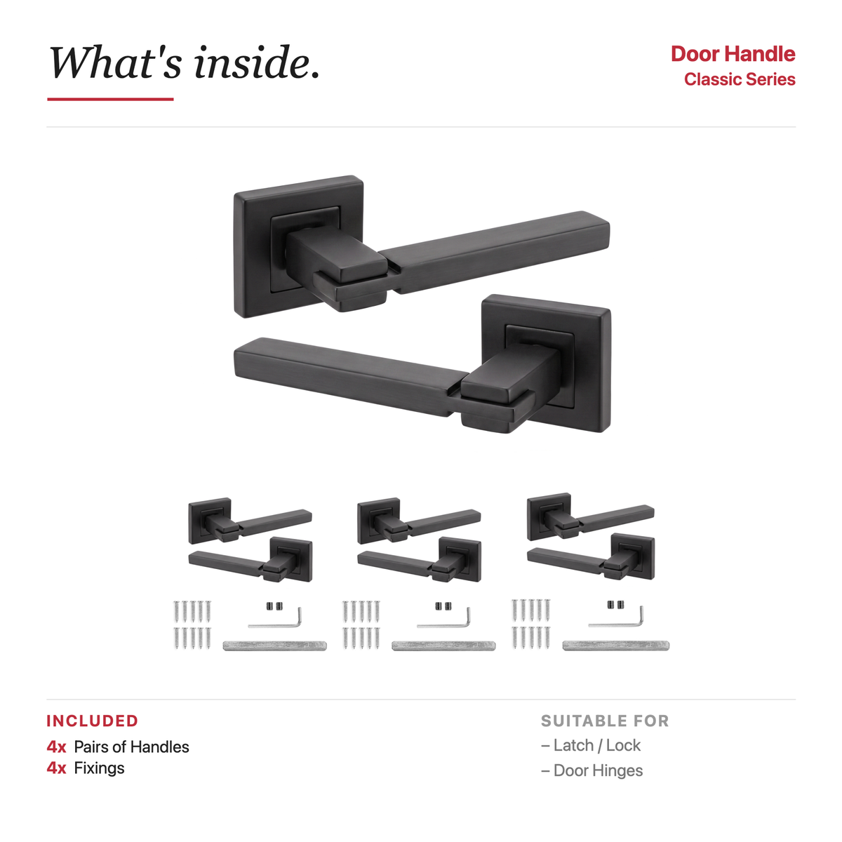 Nexus Matt Black Door Lever Handles – showing what's included in the box