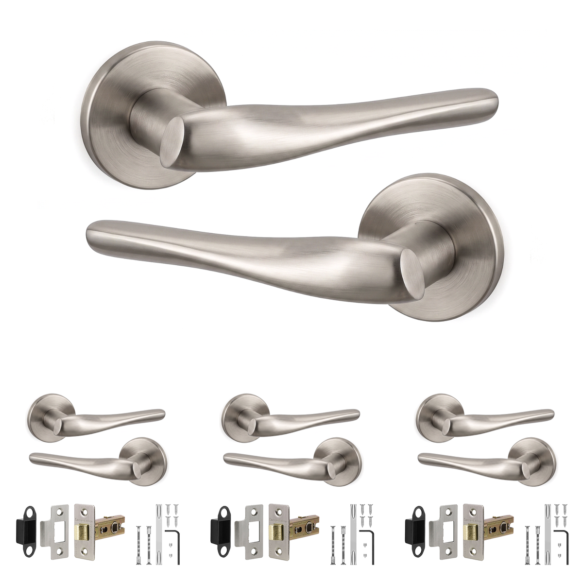 Nanda Satin Nickel Passage Door Lever Handles - Latch Kit 76mm - Pack of 4