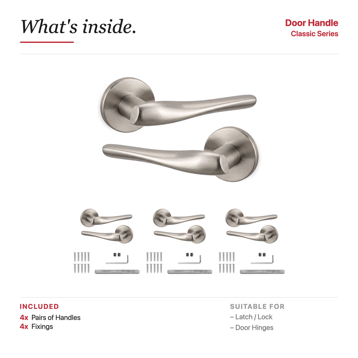 Nanda Satin Nickel Door Lever Handles – showing what's included in the box