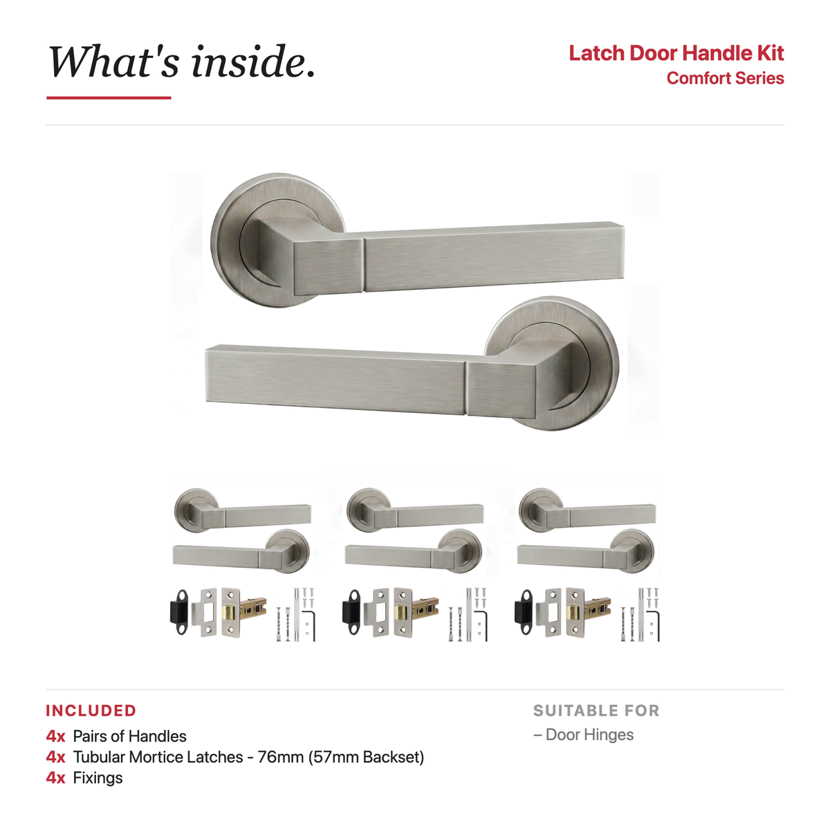 Lumina Satin Nickel Passage Door Lever Handles – showing what's included in the box
