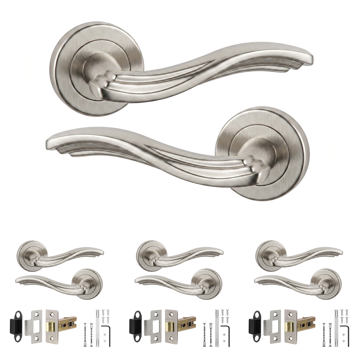 Solace Satin Nickel Passage Door Lever Handles - Latch Kit 76mm - Pack of 4