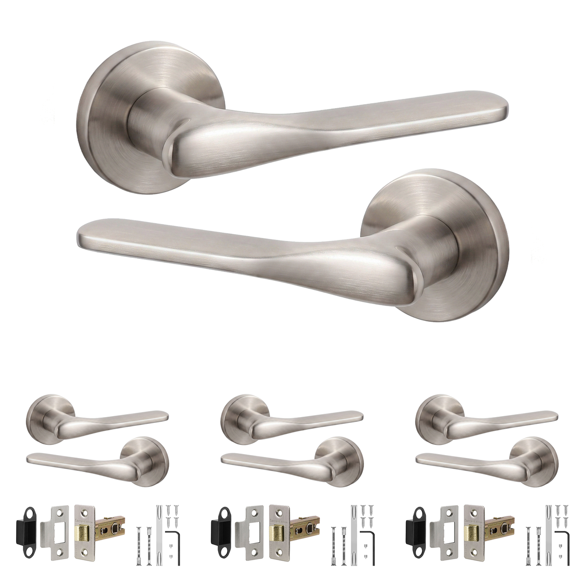 Verita Satin Nickel Passage Door Lever Handles - Latch Kit 64mm - Pack of 4