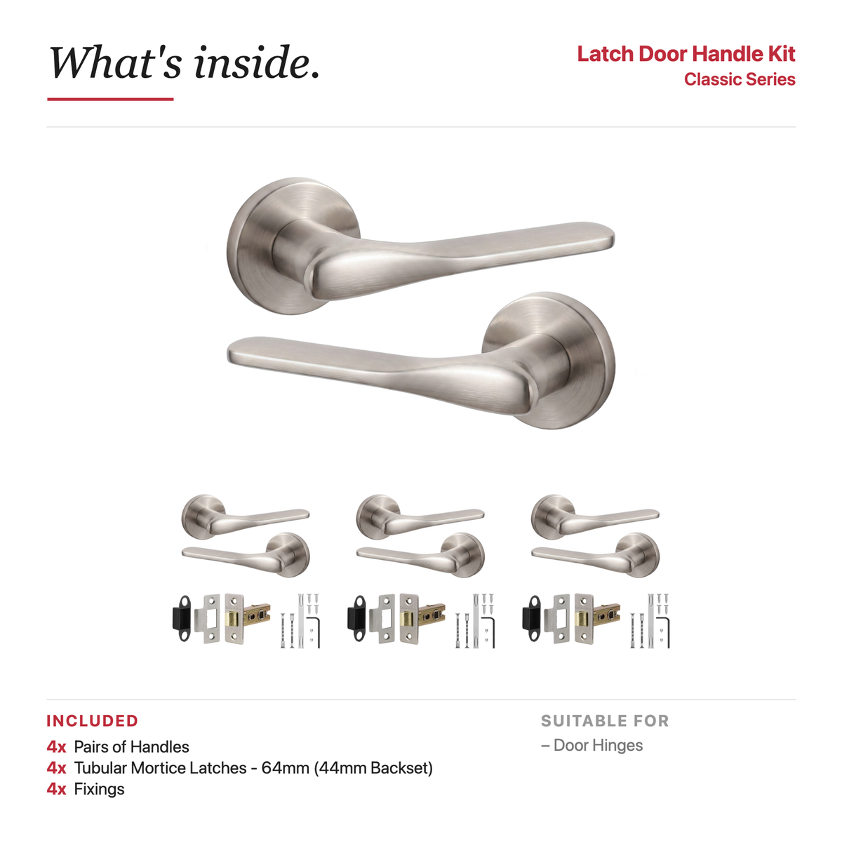 Verita Satin Nickel Passage Door Lever Handles – showing what's included in the box