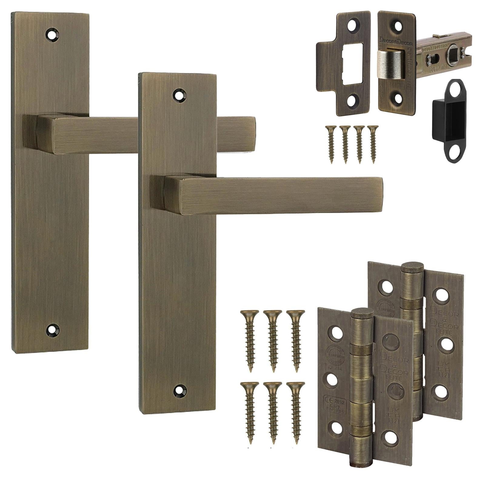 Lumina Antique Brass Passage Door Handles on Backplate - Latch and Hinge Set
