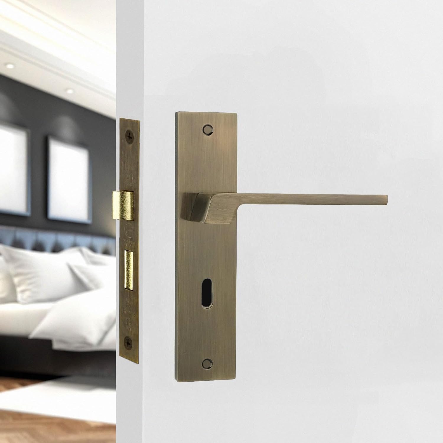 Spectra Antique Brass Privacy Door Handles on Backplate with Keys - Sash Lock Kit Set