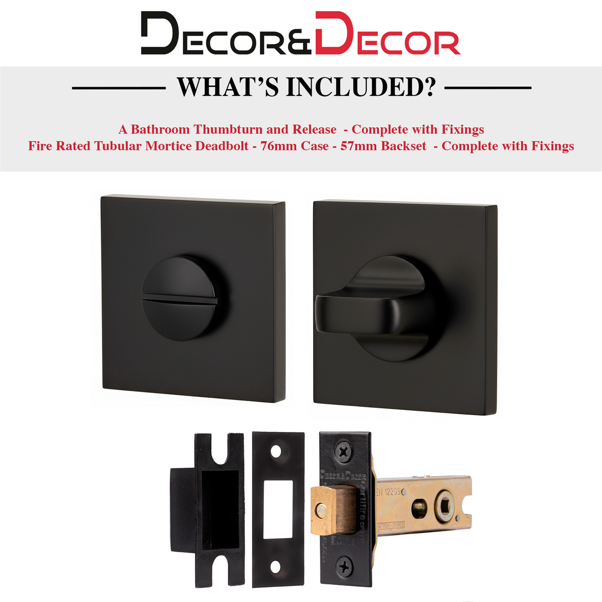 Fire Rated Tubular Mortice Deadbolt and Square Bathroom Turn And Release Thumbturn - Matt Black – view 4