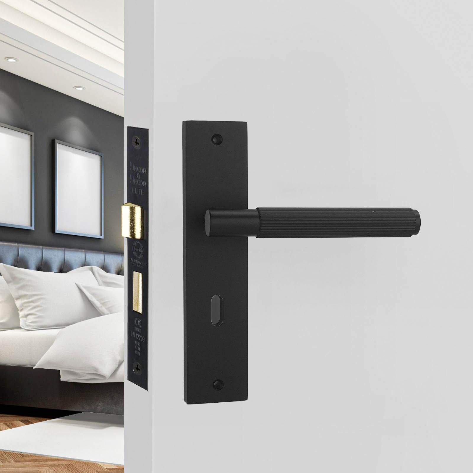 Hera Matt Black Privacy Door Handles on Backplate with Keys - Sash Lock Kit Set