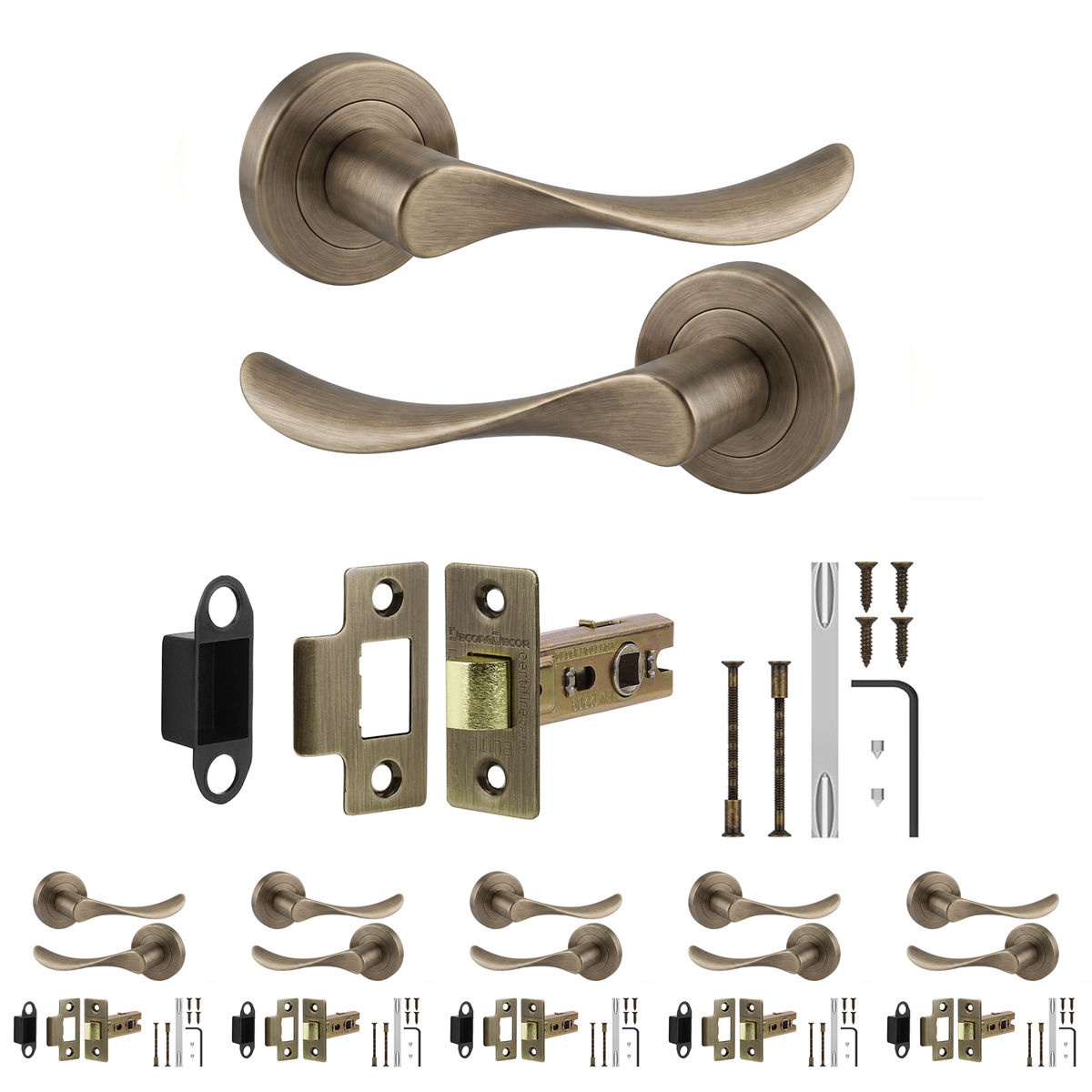 Nimbus Antique Brass Passage Door Lever Handles - Latch Kit 76mm - Pack of 6