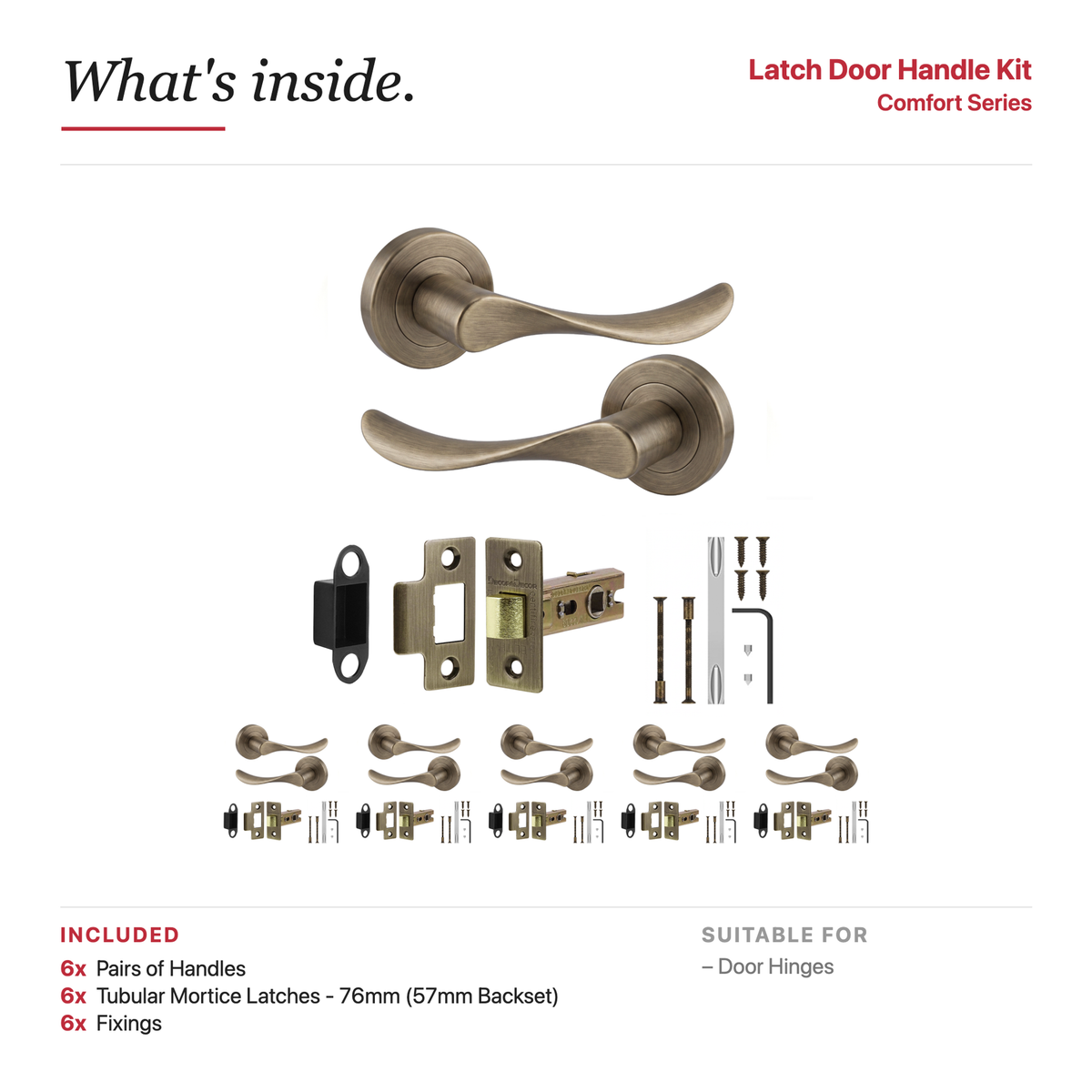 Nimbus Antique Brass Passage Door Lever Handles – showing what's included in the box