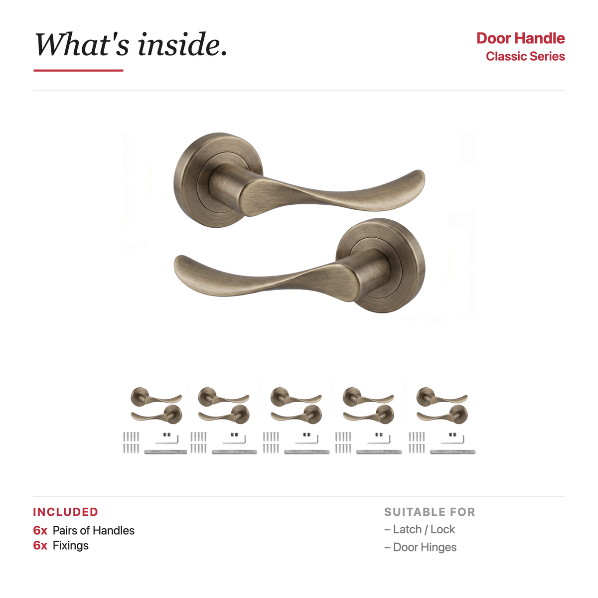 Nimbus Antique Brass Door Lever Handles – showing what's included in the box