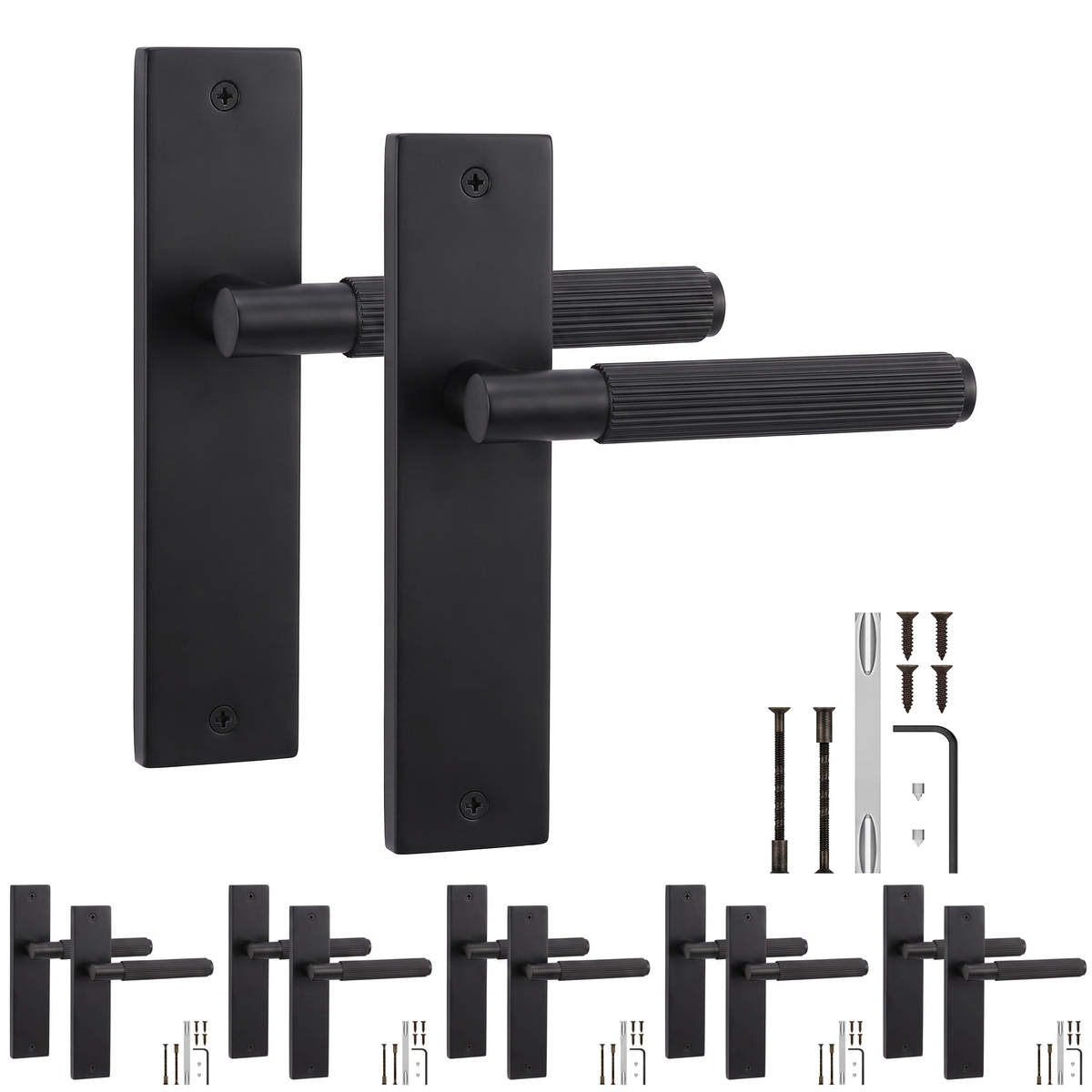 Hera Matt Black Door Lever Handles on Backplate - Pack of 6 Pairs