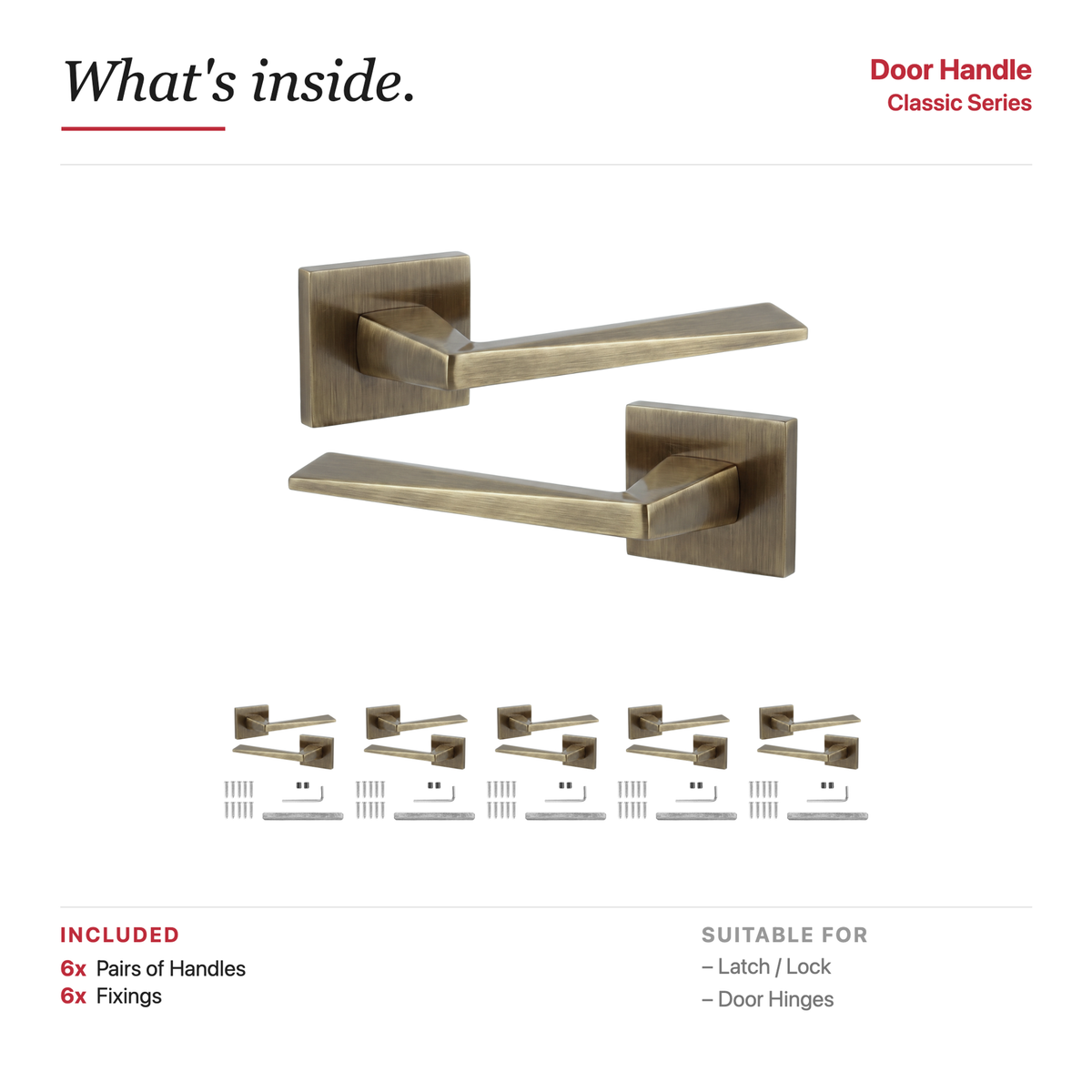 Leda Antique Brass Door Lever Handles – showing what's included in the box
