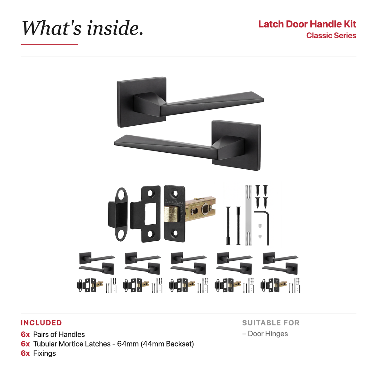 Leda Matt Black Passage Door Lever Handles – showing what's included in the box