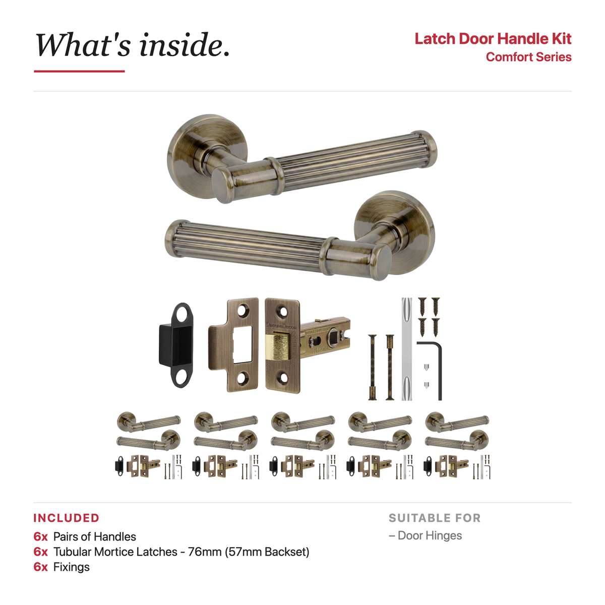 Leto Antique Brass Passage Door Lever Handles – showing what's included in the box