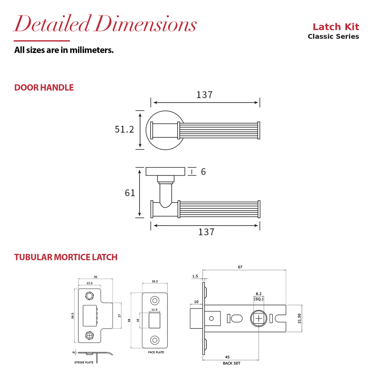 Leto Antique Brass Passage Door Lever Handles – dimensions and measurements diagram