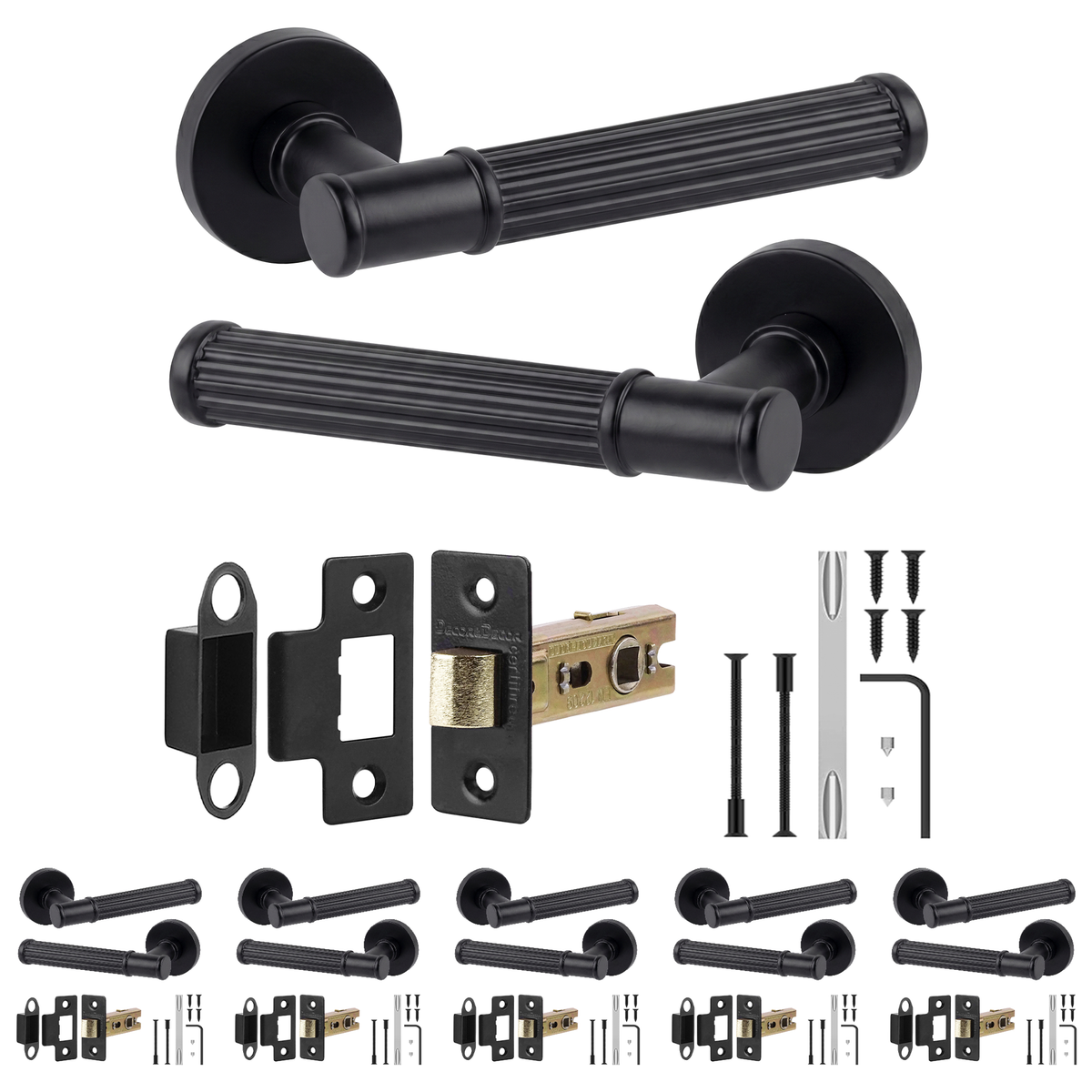 Leto Matt Black Passage Door Lever Handles - Latch Kit 64mm - Pack of 6