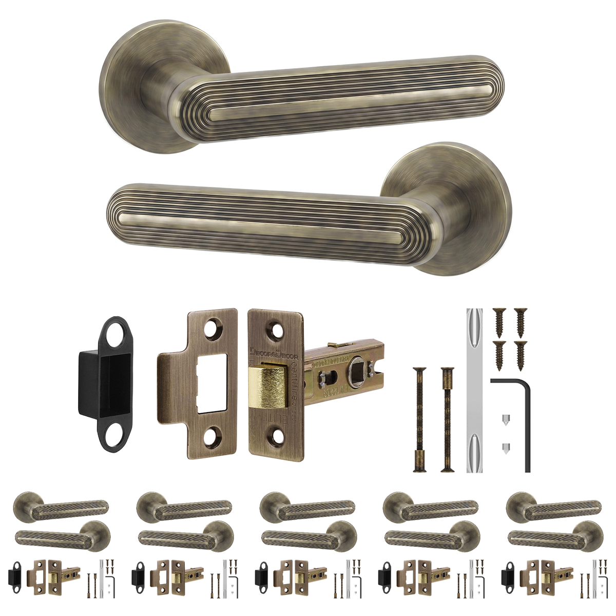 Marin Antique Brass Passage Door Lever Handles - Latch Kit 64mm - Pack of 6