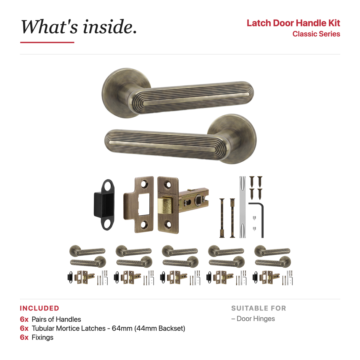 Marin Antique Brass Passage Door Lever Handles – showing what's included in the box
