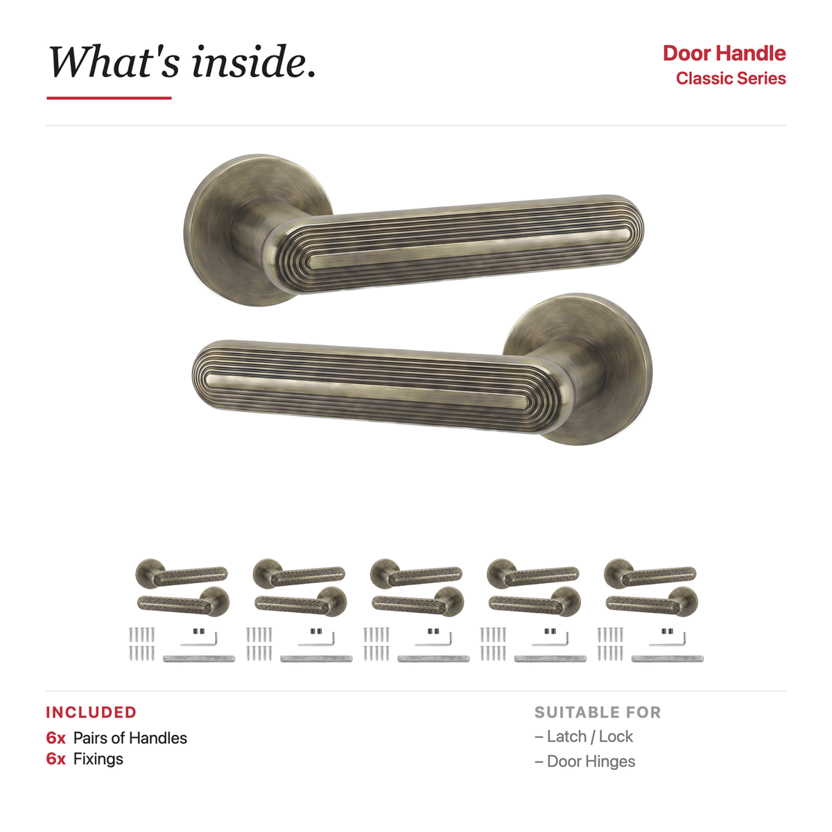 Marin Antique Brass Door Lever Handles – showing what's included in the box