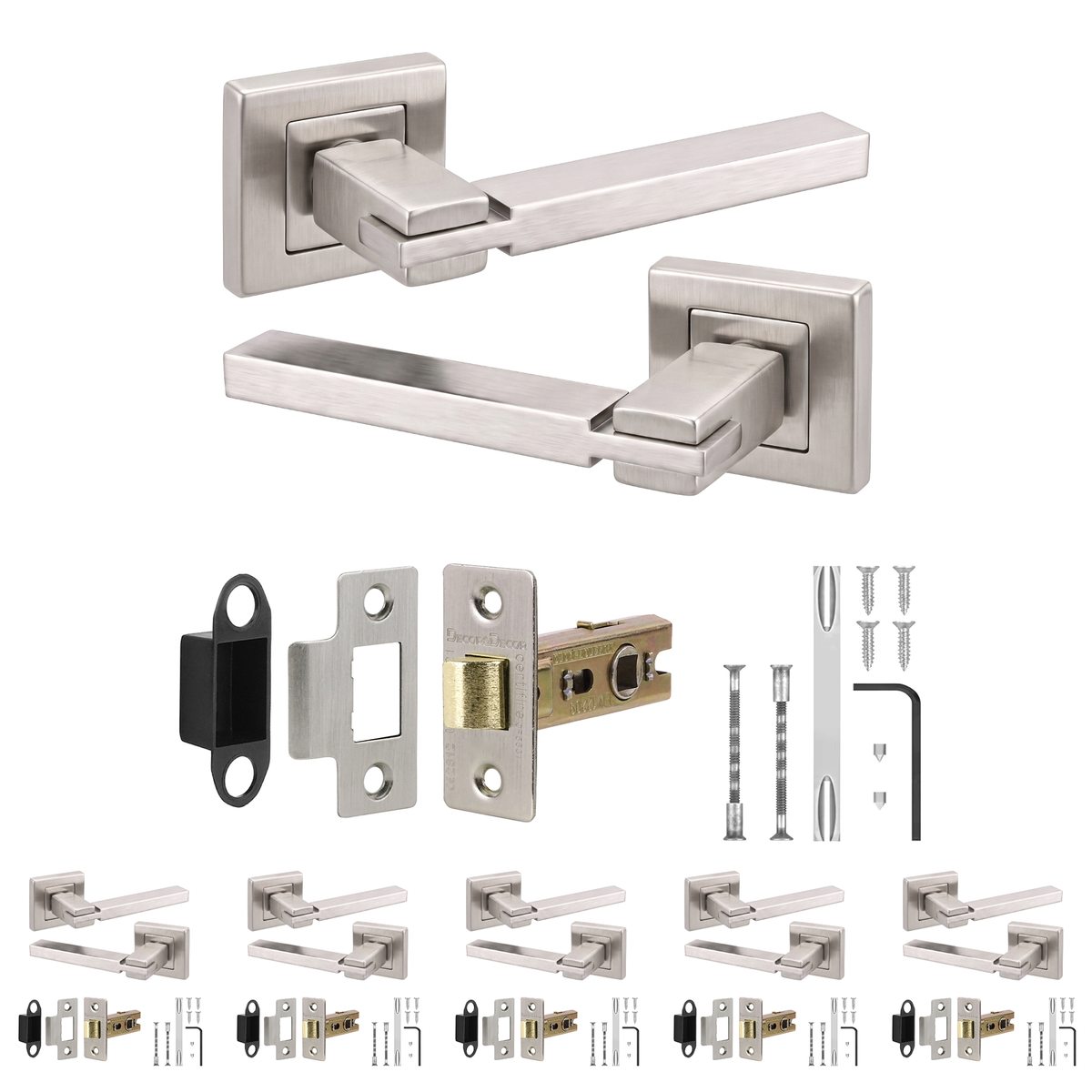 Nexus Satin Nickel Passage Door Lever Handles - Latch Kit 64mm - Pack of 6