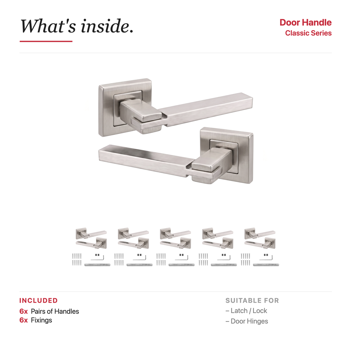 Nexus Satin Nickel Door Lever Handles – showing what's included in the box