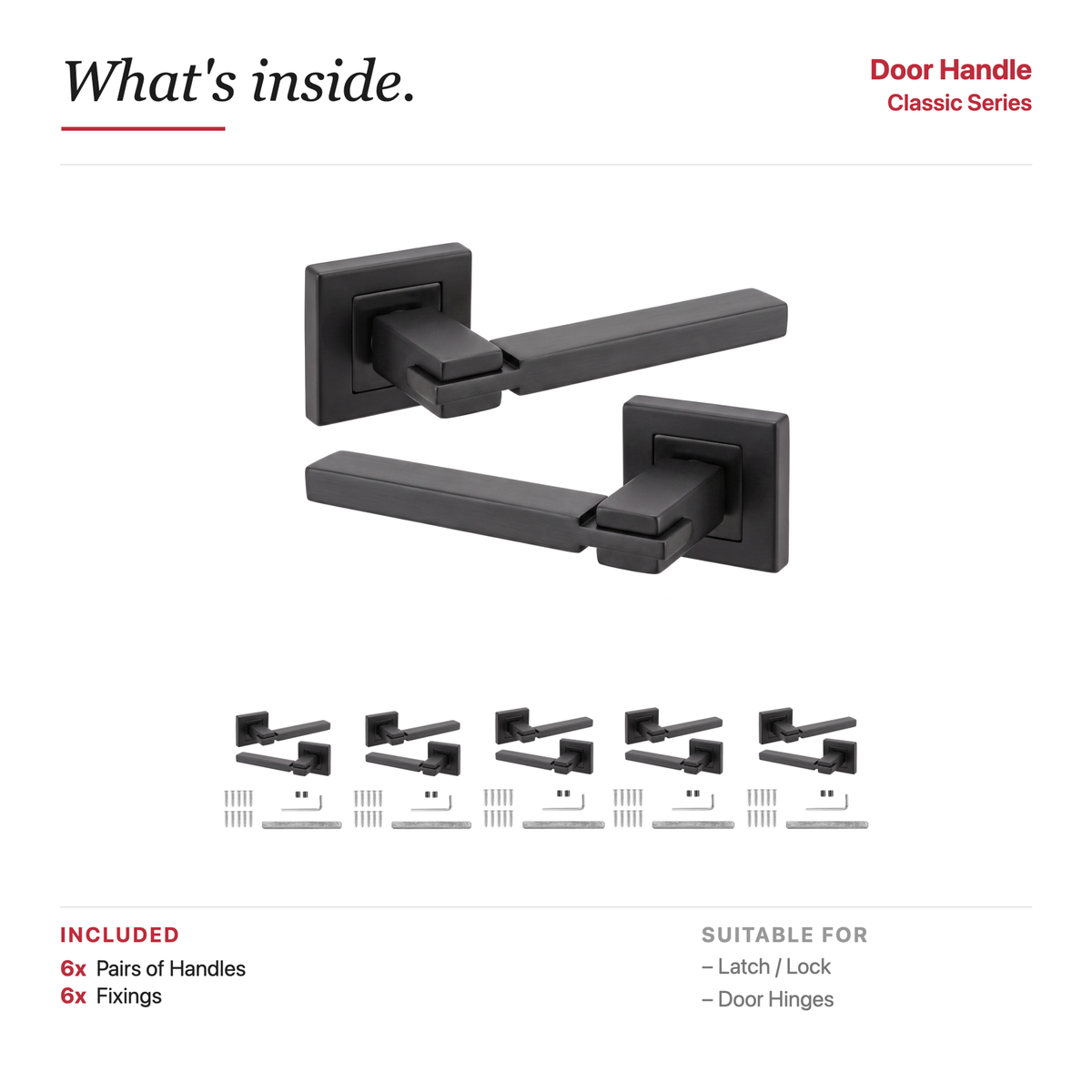 Nexus Matt Black Door Lever Handles – showing what's included in the box
