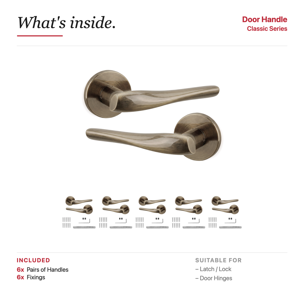 Nanda Antique Brass Door Lever Handles – showing what's included in the box