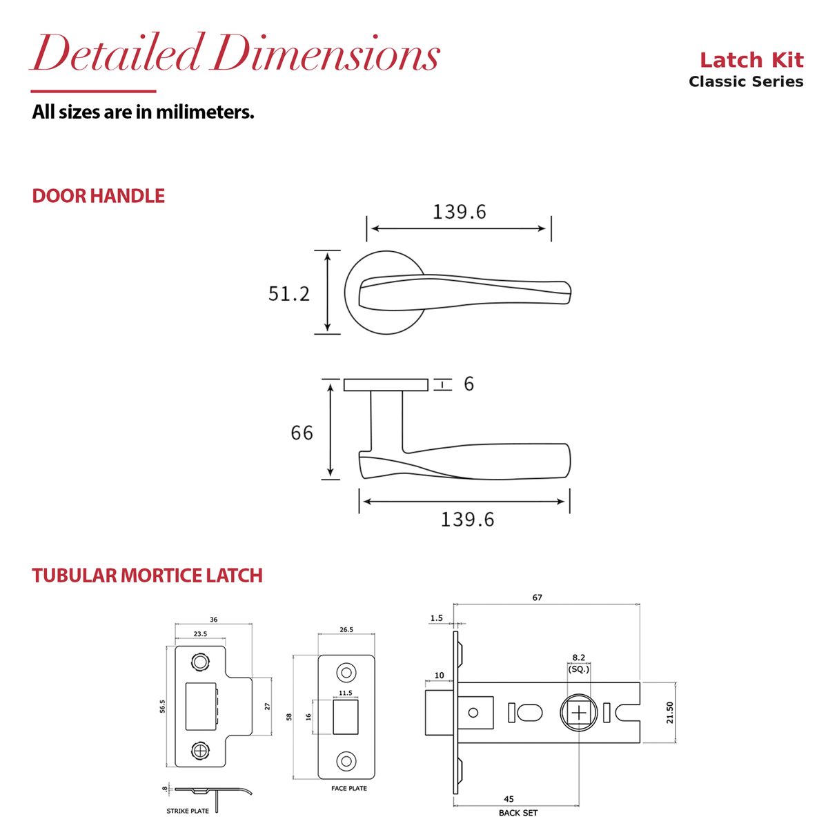 Nanda Matt Black Passage Door Lever Handles – dimensions and measurements diagram