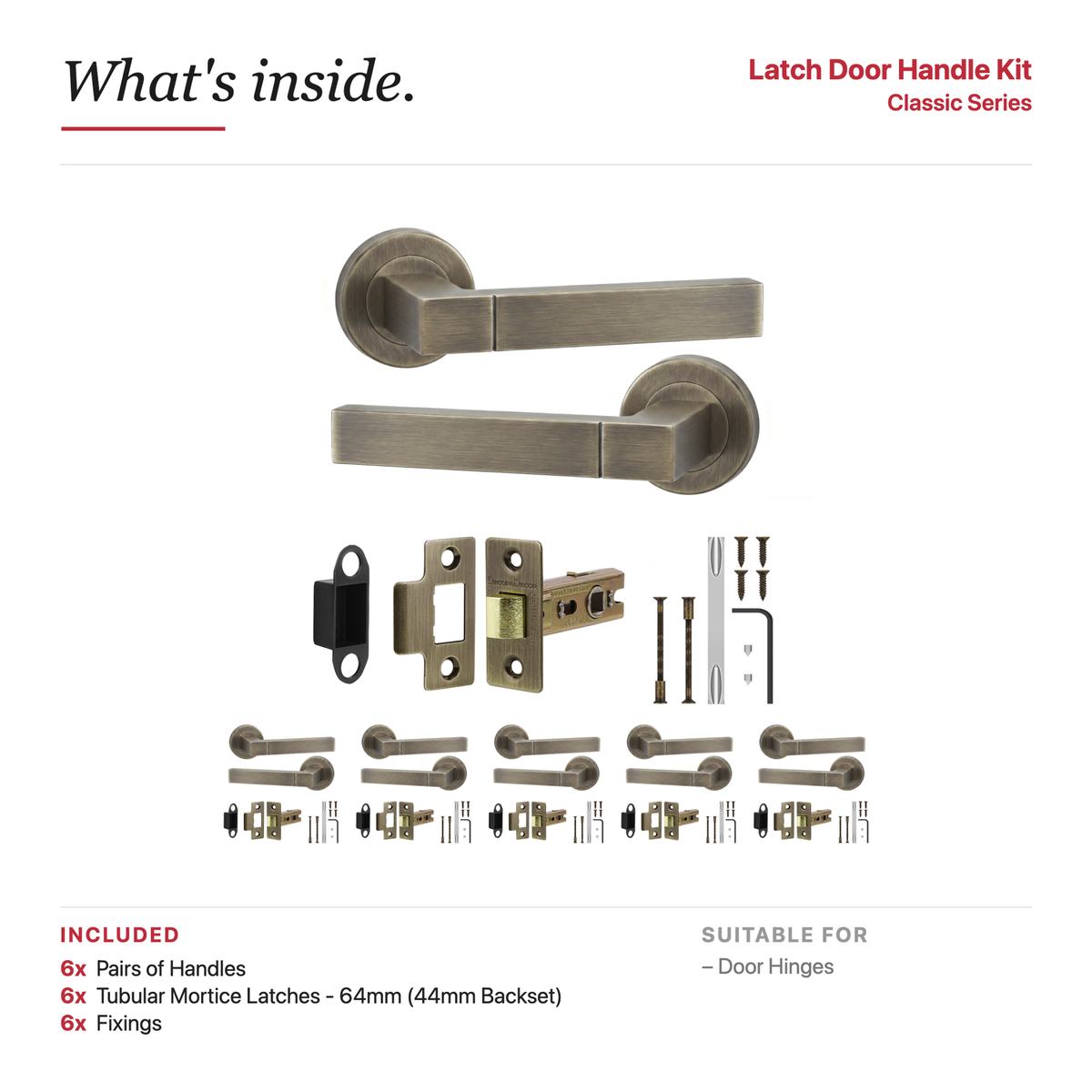 Lumina Antique Brass Passage Door Lever Handles – showing what's included in the box