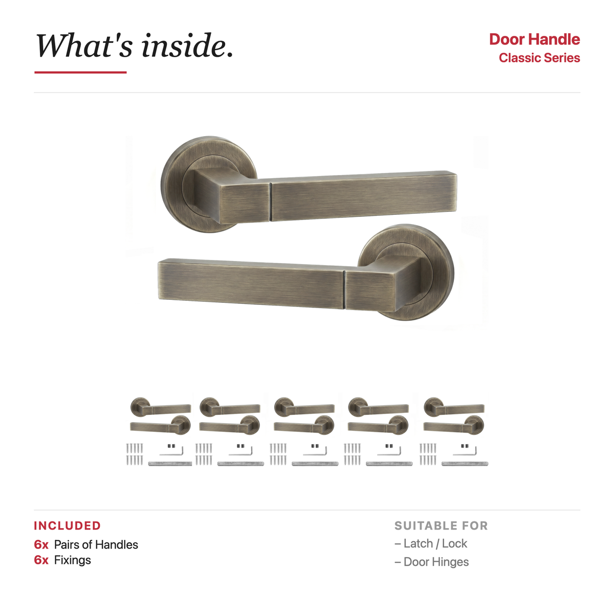 Lumina Antique Brass Door Lever Handles – showing what's included in the box