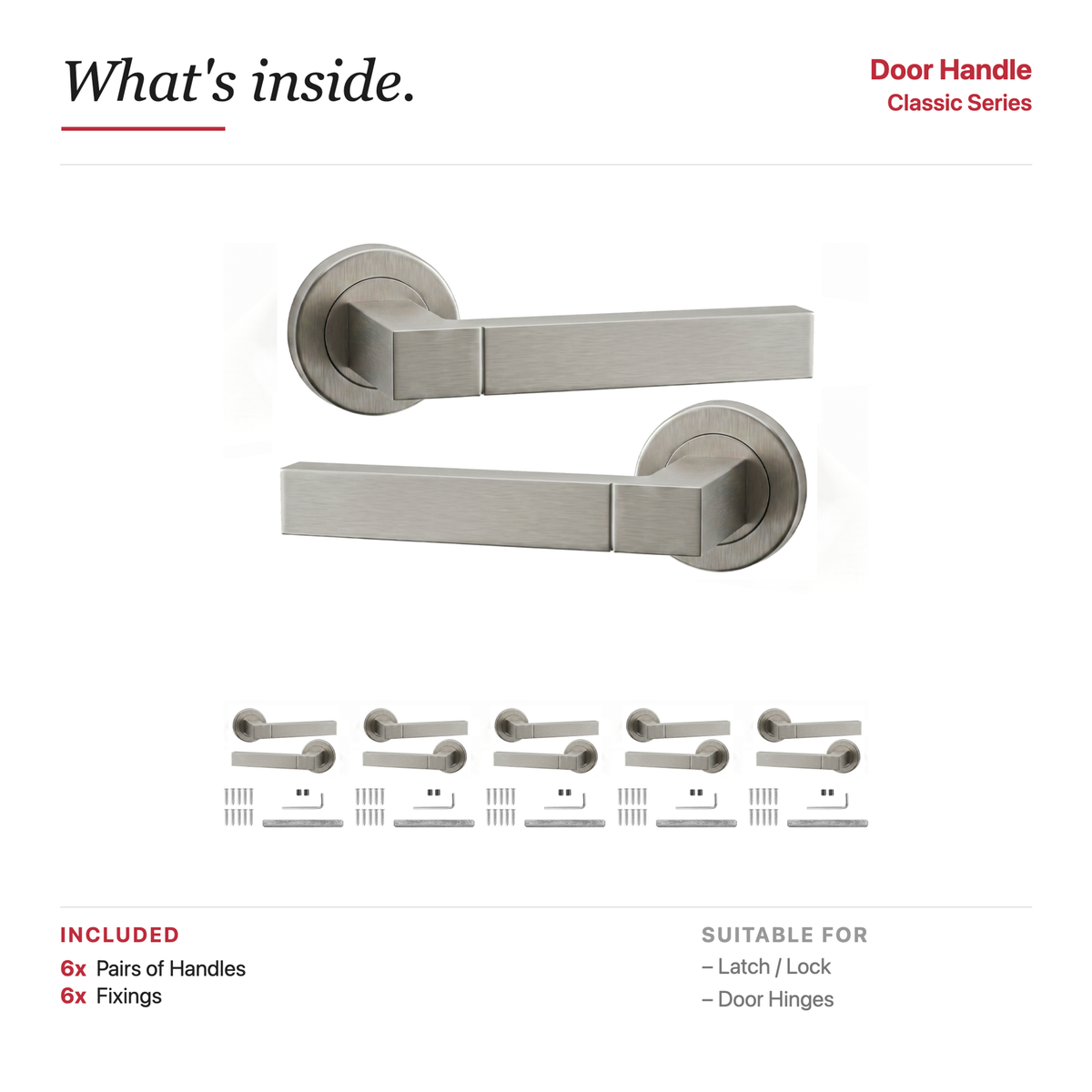 Lumina Satin Nickel Door Lever Handles – showing what's included in the box