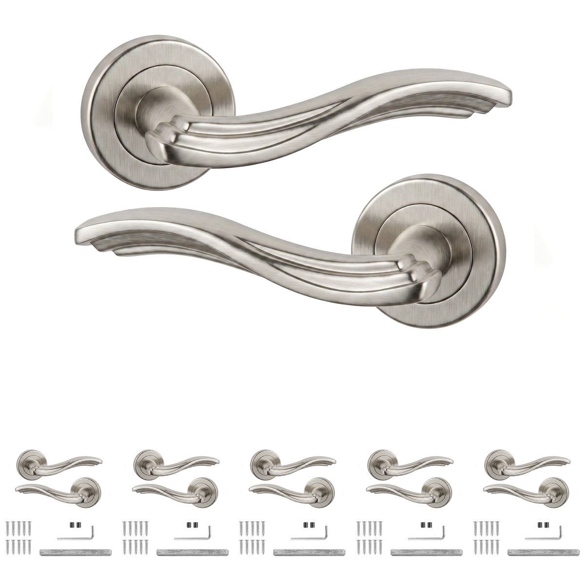 Solace Satin Nickel Door Lever Handles - Pack of 6 Pairs