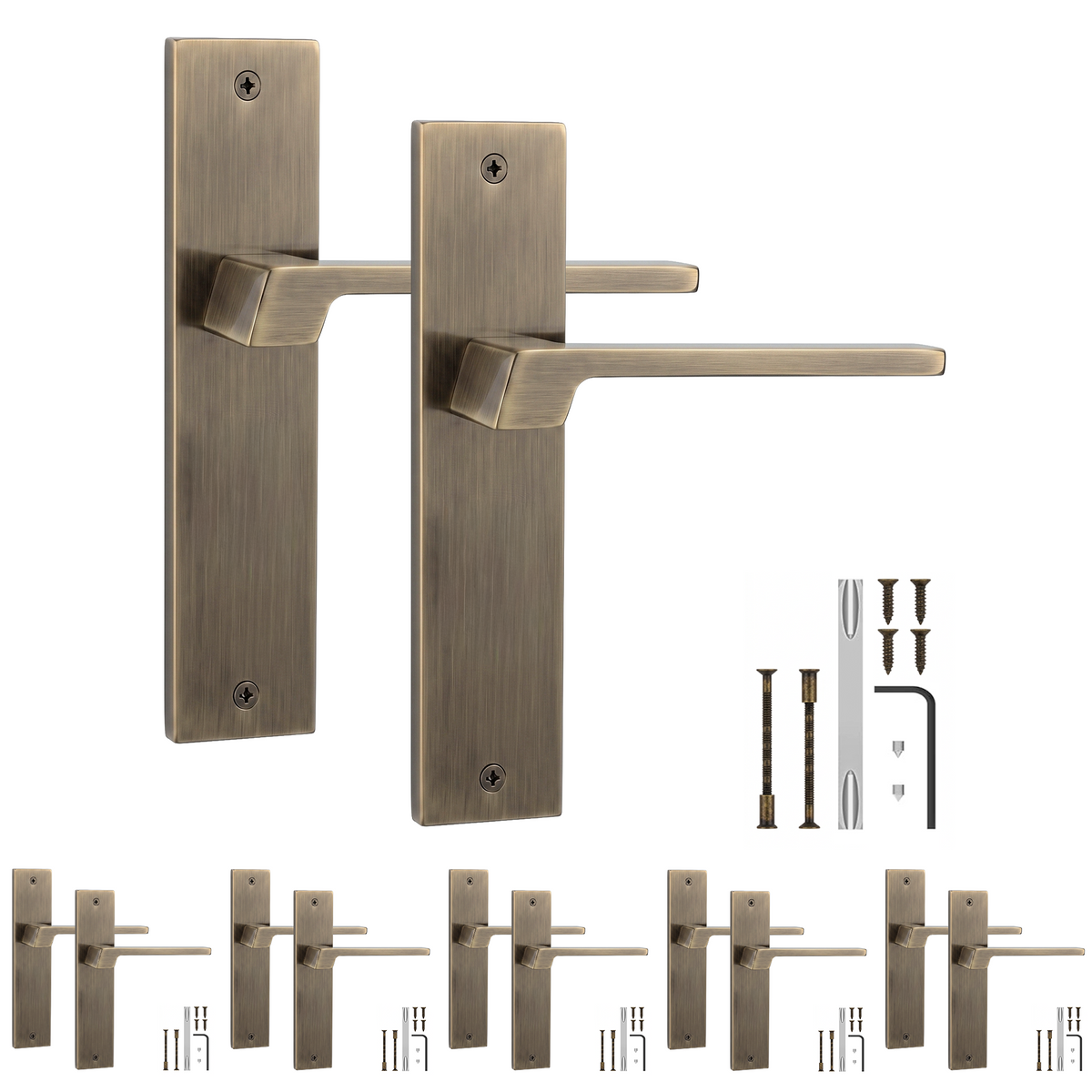 Spectra Antique Brass Door Lever Handles on Backplate - Pack of 6 Pairs
