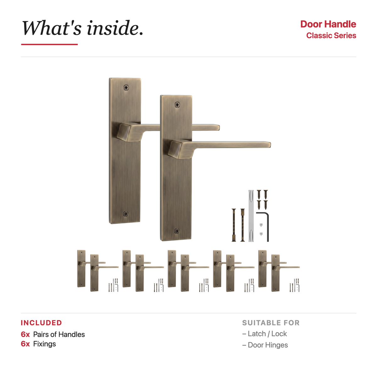 Spectra Antique Brass Door Lever Handles on Backplate – showing what's included in the box